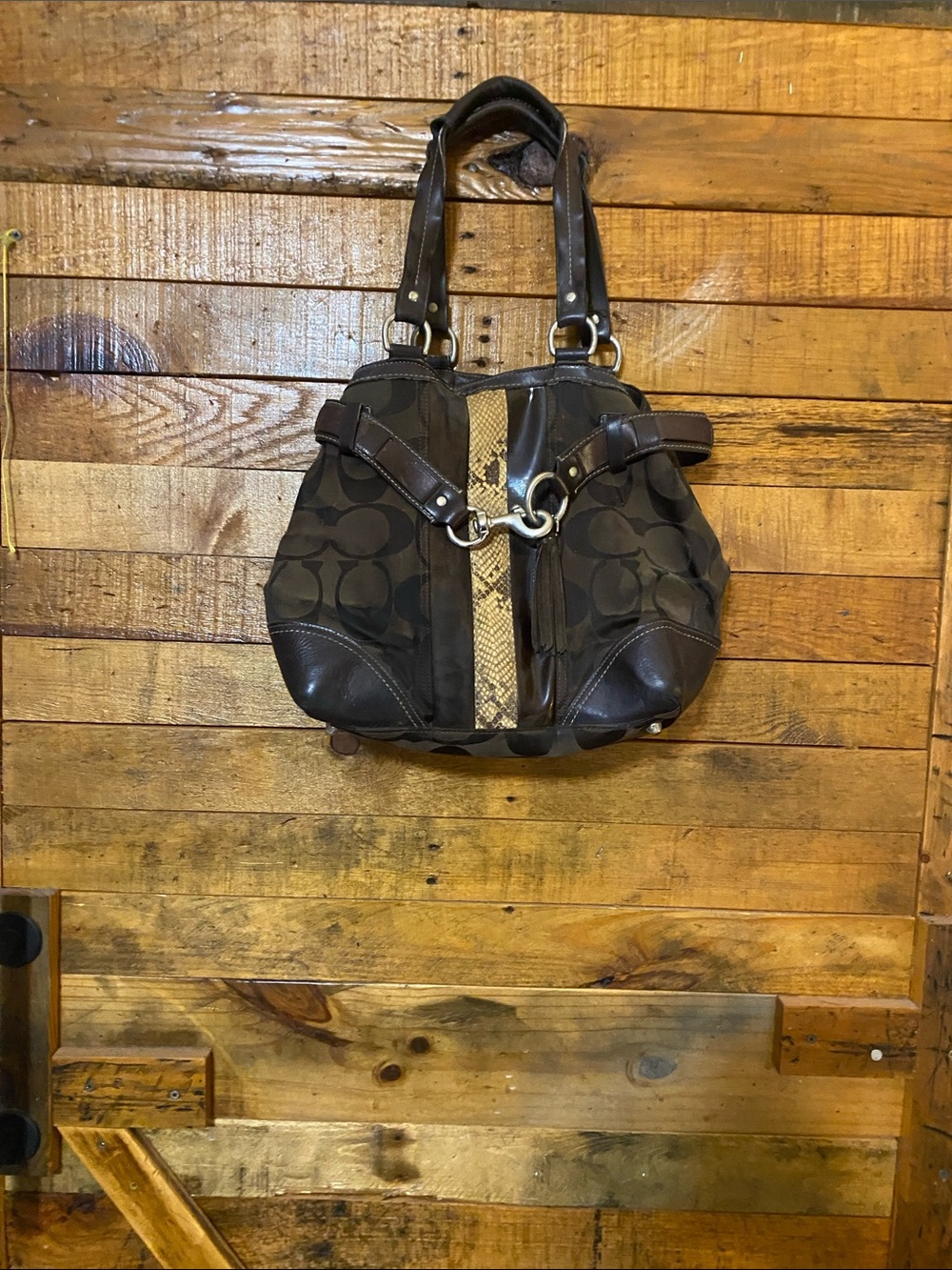 Coach Hamptons Signature Pattern Tote Bag with Snake-Print Accent